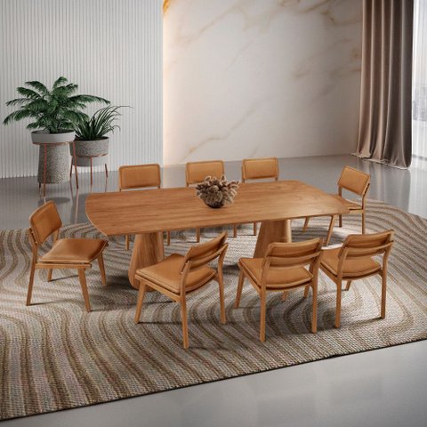 Sala de Jantar Mesa Noronha 220cm Madeira Tampo Barril Laminado com 8 Cadeiras Eva