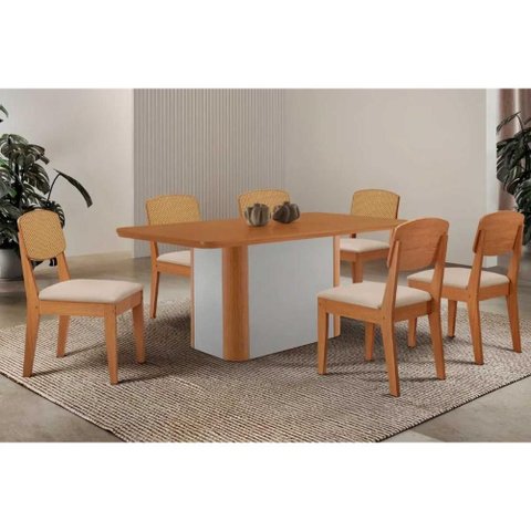 Sala Jantar Mesa Pietá Tampo Curvo 180cm+6 Cadeiras Havana Naturale/off White - Suede Creme -