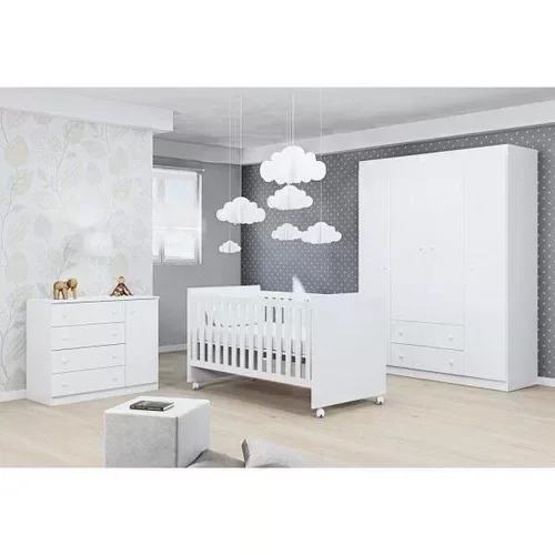 Quarto Infantil Completo Elisa com Guarda Roupa 4 Portas, Cômoda 1 Porta + Berço 2 em 1 Branco - Pho