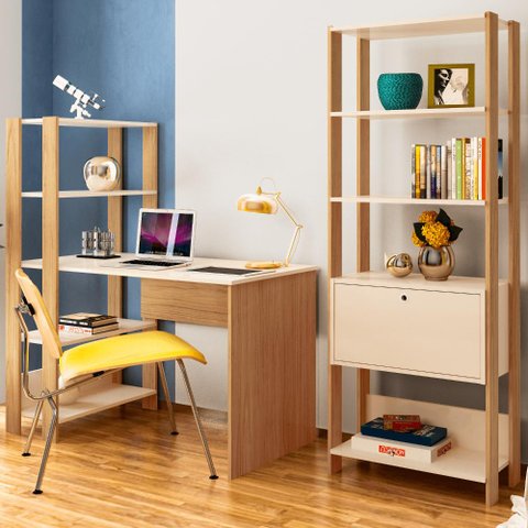 Conjunto Home Office Match c/ Escrivaninha e Estante Off White/Carvalho Artely