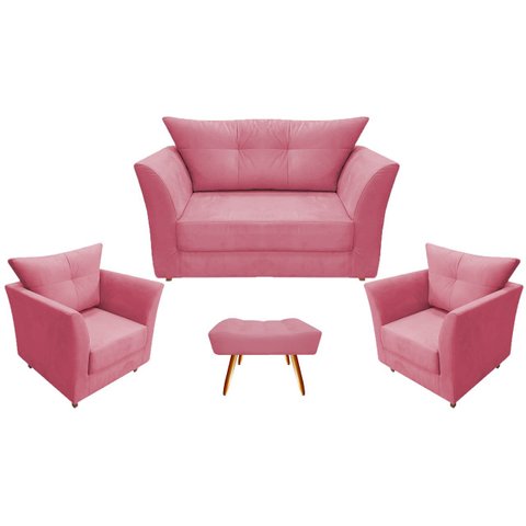 Kit Namoradeira + 2 Poltronas Decorativa Isis + 1 Puff Retangular Suede Rosa Pés Madeira Mz Decor
