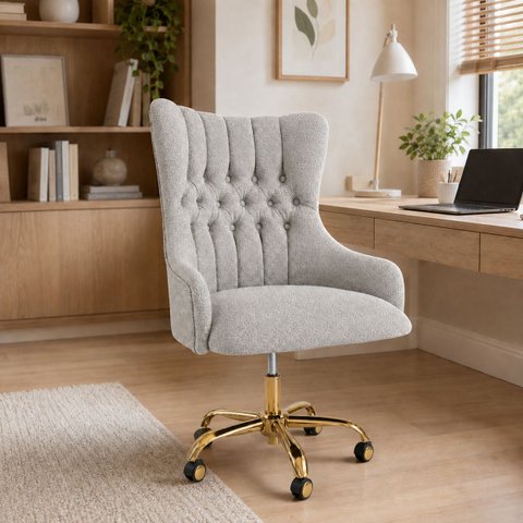 Cadeira Poltrona Home Office Helena Capitonê Base com Rodinhas Dourada