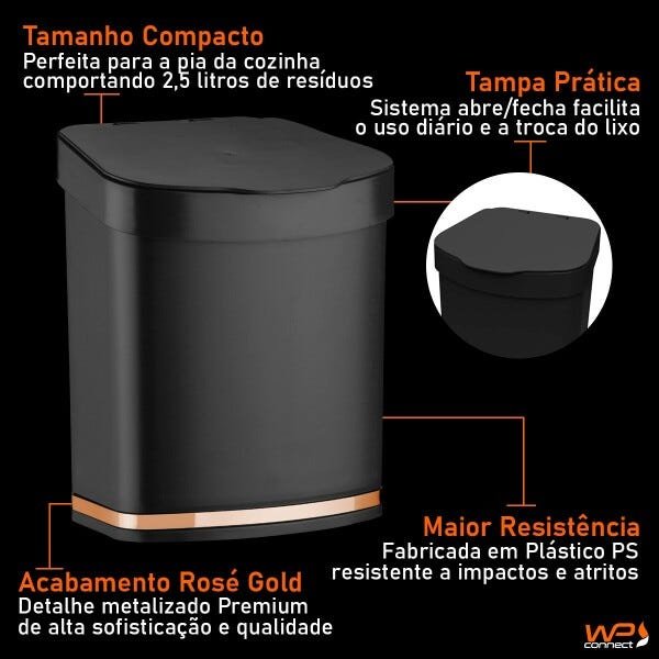 Kit Cozinha Lixeira 2,5 Litros Rodinho de Pia Dispenser de Detergente Rosé Gold - Preto/Cobre - 5