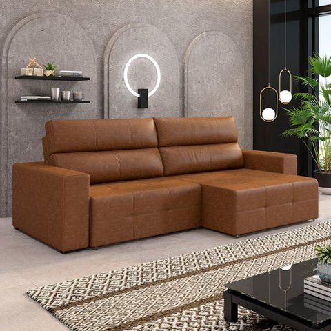 Sofá Retrátil 3 Lugares 224cm Nero Couro Caramelo Manchado G52 - Gran Belo