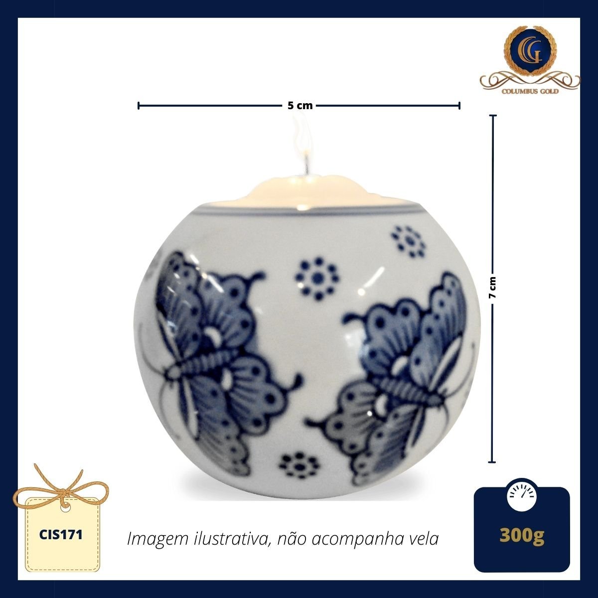 Porta-velas em porcelana, fundo branco com pintura de borboletas azuis - 2