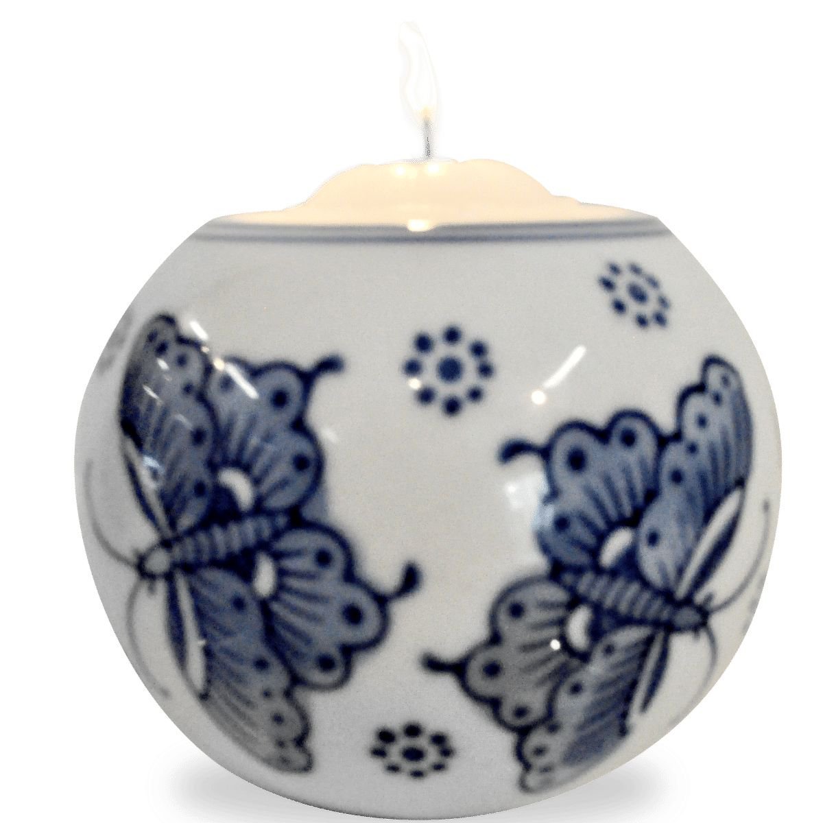 Porta-velas em porcelana, fundo branco com pintura de borboletas azuis