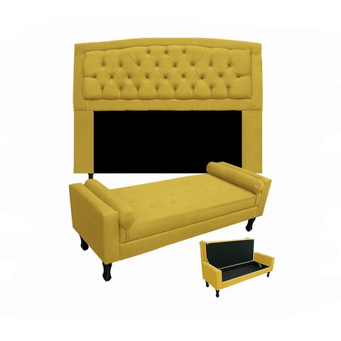 Jogo Cabeceira Geovana + Calçadeira Fênix Solteiro 90cm Suede Amarelo - LM DECOR