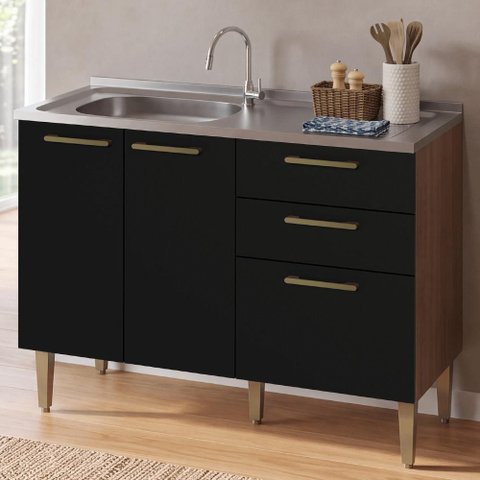 Balcão de Cozinha com Pia 105 cm 3 Portas 2 Gavetas Rustic/Preto Lille Madesa