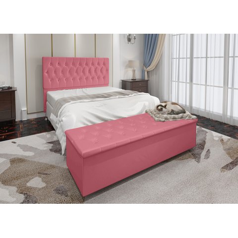 Conjunto Cabeceira Casal e Recamier Baú 1,40m Madrid Suede Rosa Dal Poz Estofados