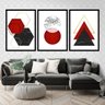 Kit 3 Quadros Figuras Geométricas Vermelhas 33x24cm - com vidro:Madeira preta - 1