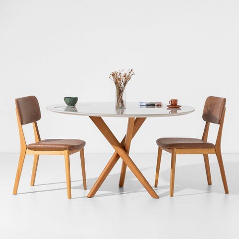 Conjunto Mesa de Jantar Thai Redonda Off White - 1,20m + 2 Cadeiras Lalá Estofada Abra Casa