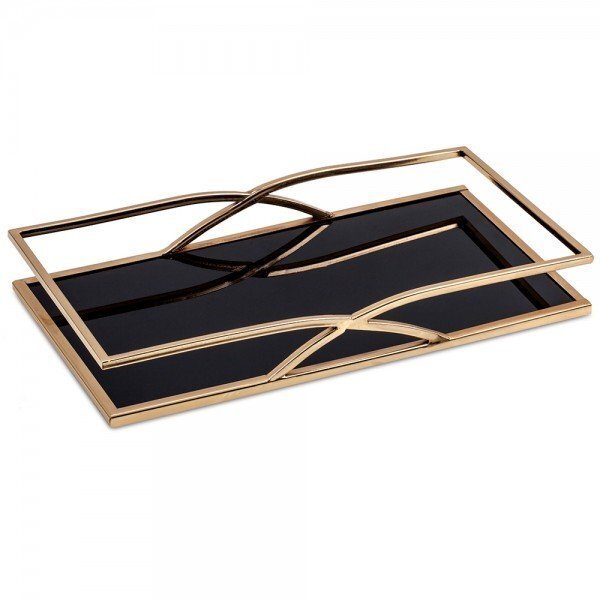 Bandeja Decorativa Retangular Metal Dourado com Espelho Preto 35cm 10165 Mart