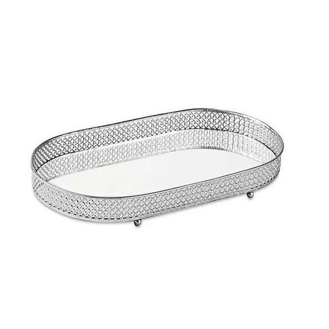 Bandeja Decorativa Oval Metal Prata com Espelho 32,5cm 12249 Mart