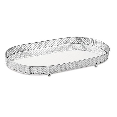 Bandeja Decorativa Oval Metal Prata com Espelho 38cm 12249 Mart