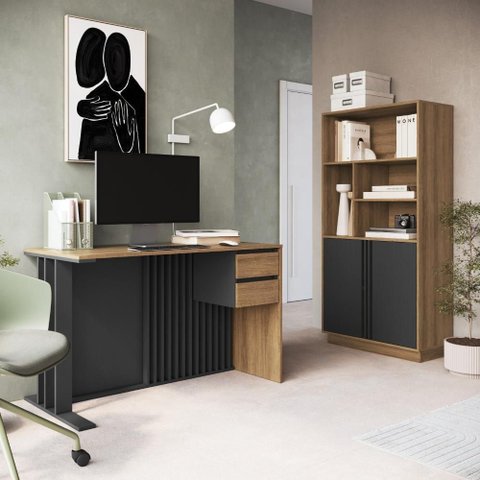 Conjunto de Escritório 2 Peças Mesa Escrivaninha com Gavetas e Armário com Nichos Mel/Grafite