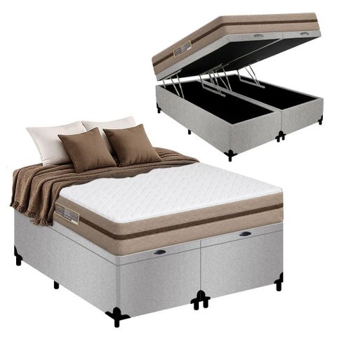 Cama Box Baú Queen Bipartido Suede + Colchão Molas Ensacadas Royal Sleep Bioclassic 158cm Suporta