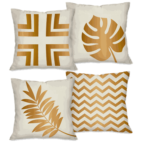Kit com 4 Capas para Almofadas Decorativas Folhas Douradas