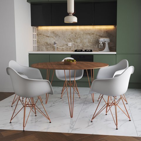 Mesa Jantar Redonda 110cm Amêndoa Clips 3 Pés com 5 Poltronas Eames Eiffel Brancas Base Cobre