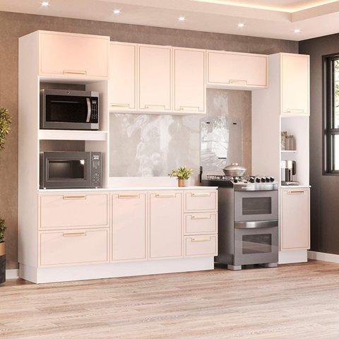 Armário de Cozinha Modulada Completa 5 Peças 310cm com Tampo 100% Mdf Amara Politorno Móveis