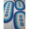 Tapete Crochê Kit Passadeira Flor Oval Criativa: Azul Escuro e Azul Claro - 2