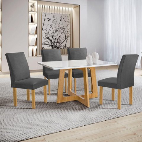 Conjunto Mesa Arizona 4 Lugares Tampo em Vidro com Cadeiras Veludo Grafite 120cm Cel Móveis