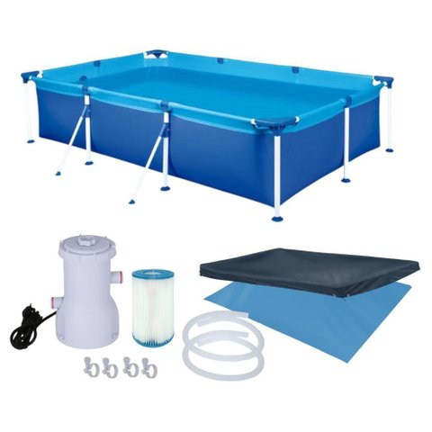 Piscina Estruturada Premium 2500L Retangular PVC Capa Forro Filtro Bomba 2200L-H 220V Azul Mor