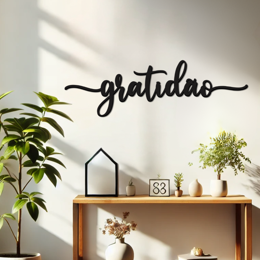 Gratidão Lettering 43x13cm - Quadro em Madeira Mdf - Apliques de Parede - Decoração para Quarto e Ca