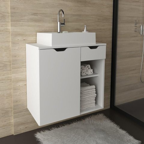 Balcão Gabinete Armário Suspenso 60 cm sem Cuba 1 Porta 1 Gaveta 2 Prateleiras Banheiro Branco