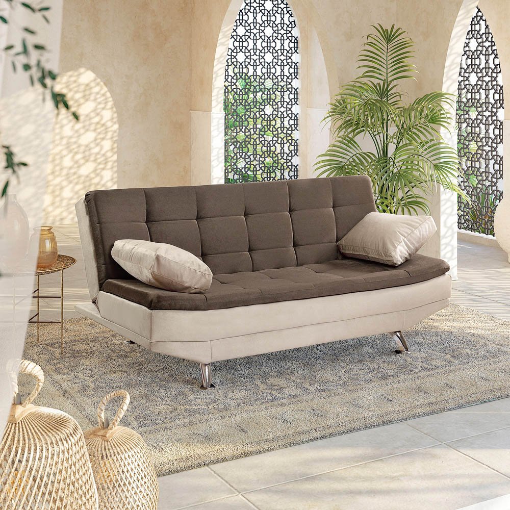 Sofá Cama Valencia 3 Lugares Reclinável Veludo Bege Marfim e Marrom