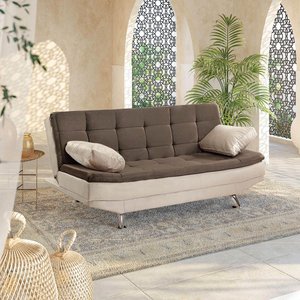 Sofá Cama Valencia 3 Lugares Reclinável Veludo Bege Marfim e Marrom Chocolate - Star Confort