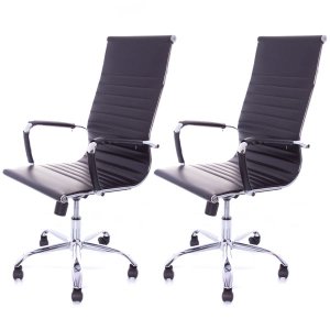 Kit  2 Cadeiras Giratória Alta Diretor Charles Eames Esteirinha Couro Pu Preta 11P
