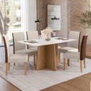 Ver imagem 1 de Sala Jantar Isa 160cm Vidro 6 Cadeiras Helo Linho Claro Encosto Courino Off White/Mel