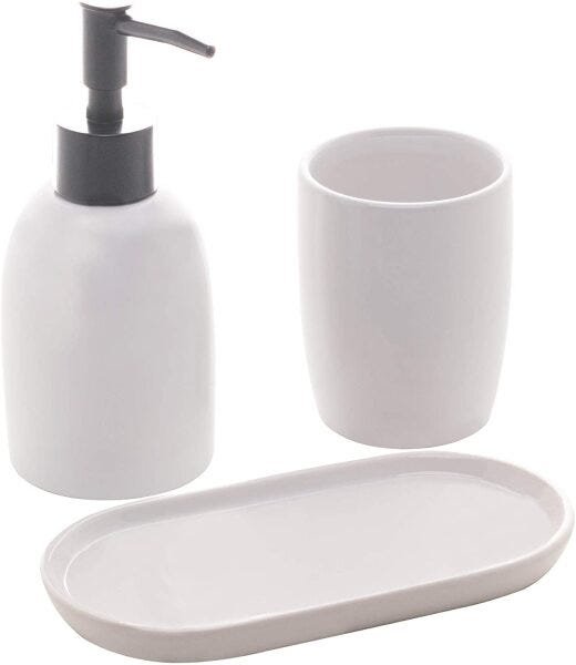 Conjunto 3 Pecas para Banheiro de Ceramica Londres Branco e Prateado