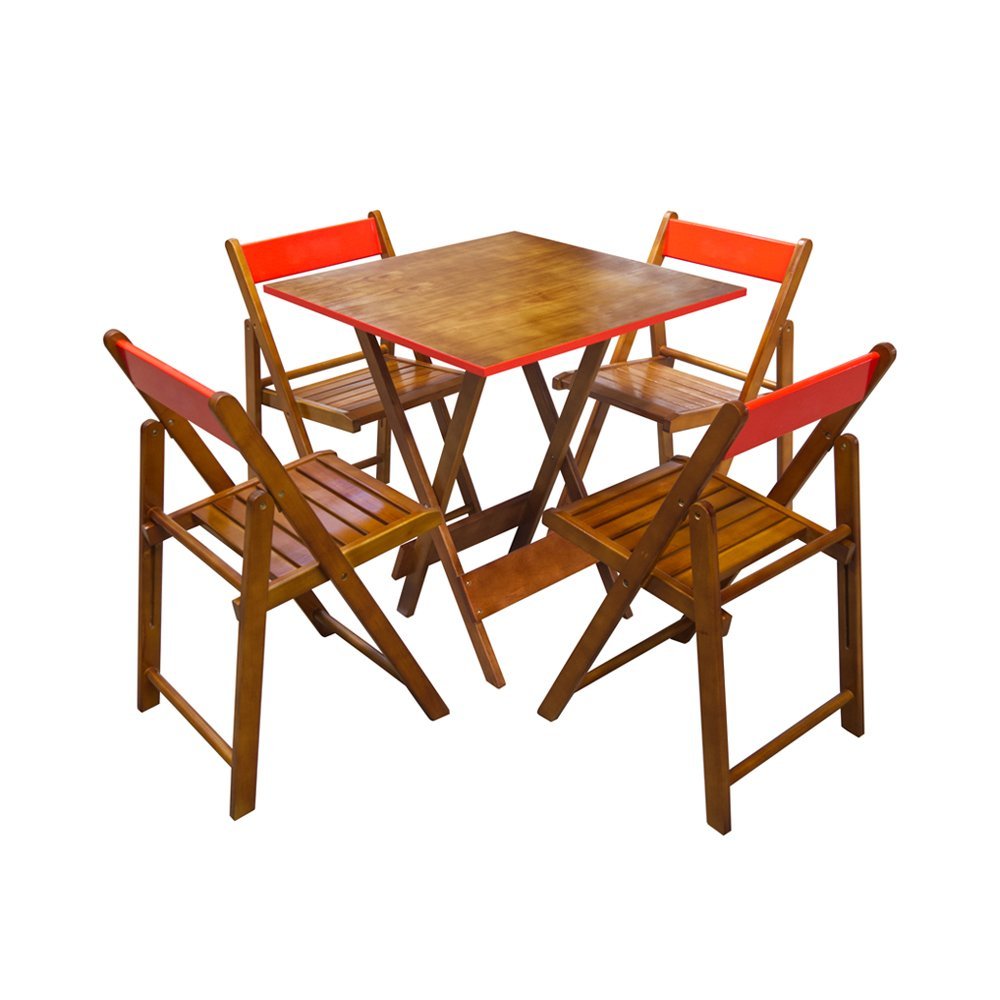 Conjunto Mesa Dobravel 70x70 em Madeira Robusta com 4 Cadeiras Red - Castanho