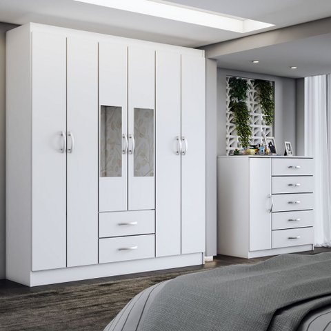 Guarda-Roupa Casal Adam 6 Portas 2 Gavetas e Espelho com Cômoda 1 Porta 5 Gavetas Branco - Panorama 