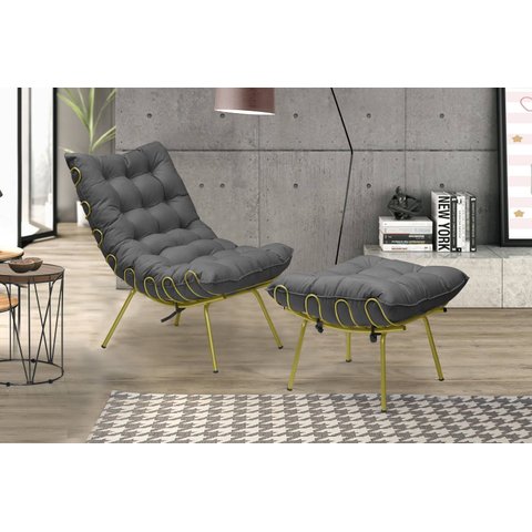 Poltrona Costela com Puff Adão Base Metal Dourado Veludo Cinza