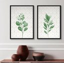 Ver imagem 1 de Kit 2 Quadros Decorativos Folhas Verdes Fundo Geométrico 24x18cm:madeira Branca