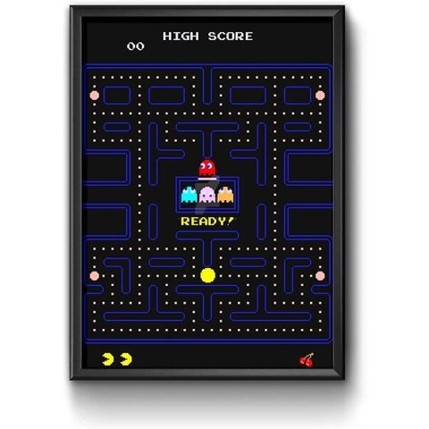 Quadros Poster Decorativo Moldura Madeira Pinos Com Vidro GAMER PAC MAN 21cmX31cm
