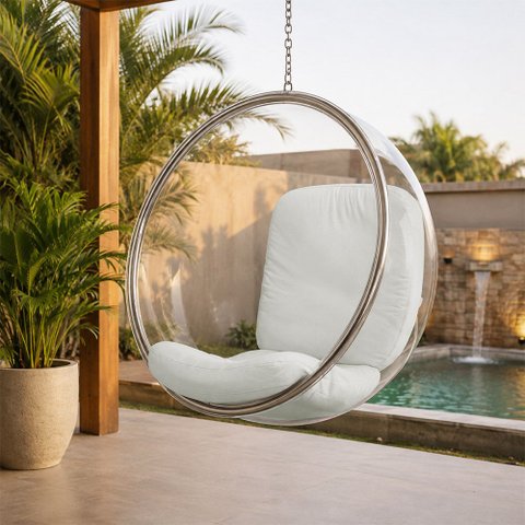 Poltrona Bubble Chair Couro Sintético Linha Premium Design Moderno Sala Quarto Recepção - Branco