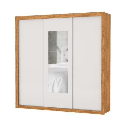 Guarda Roupa Casal com Espellho 3 Portas de Correr 4 Gavetas 186cm Clarice Cinamomo/Off White - Carioca Móveis