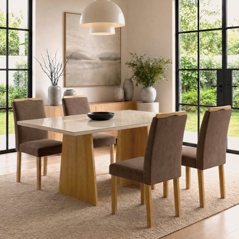 Conjunto Sala de Jantar 4 Lugares Retangular 120x80cm Lyra Cinamomo e Off White