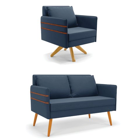Kit 01 Namoradeira 02 Lugares e 01 Poltrona Mari Suede Azul Marinho Base de Madeira MA30 - D’Rossi