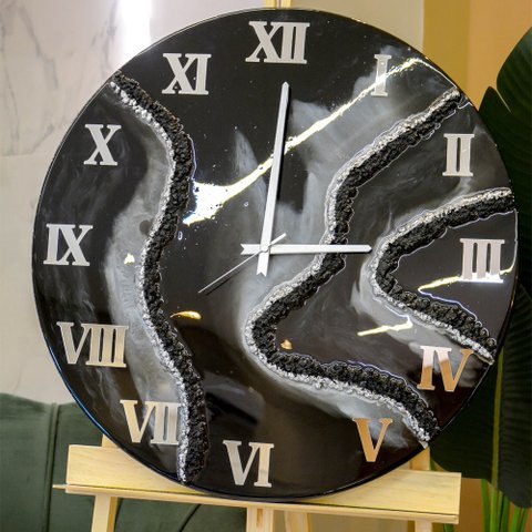 Relógio de Parede Grande 60cm Luxo - Fundo Preto com Prata