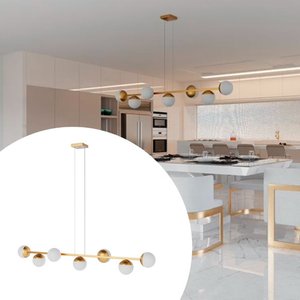 Pendente Lustre de Teto Jabuticaba de Alumínio com Fio 5 Metros Dourado com 7 Globos de Vidro Fosco