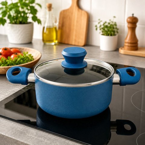 Panela Cerâmica Antiaderente 18cm Azul Tampa Vidro