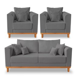 Kit Sofá 3 Lugares e 2 Poltronas Beny Viena Para Recepção Linho Grafite - Madeira Prima Deccor - 1