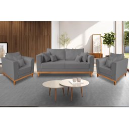 Kit Sofá 3 Lugares e 2 Poltronas Beny Viena Para Recepção Linho Grafite - Madeira Prima Deccor - 2