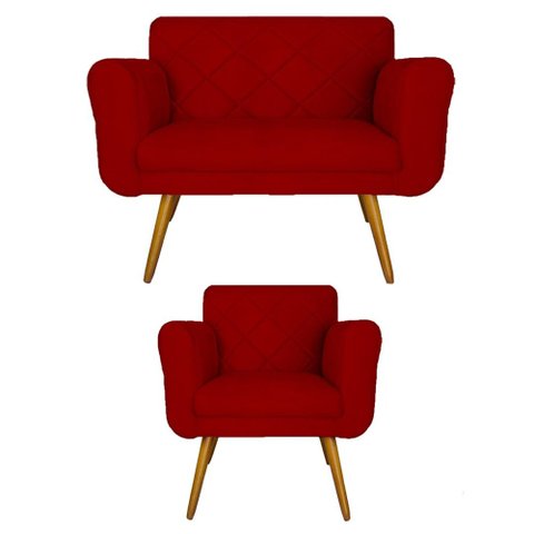 Kit Namoradeira e 1 Poltrona Estofada Para Sala de Tv Isabella Suede Vermelho - LM DECOR