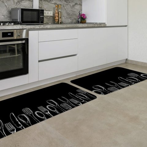Kit Tapete de Cozinha 2 Peças Cutlery Black And White Único