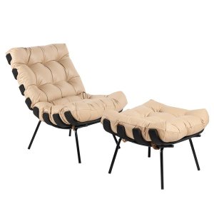 Poltrona com Puff Decorativos Sala de Estar Costela Base Preta Couro Bege - Gran Belo